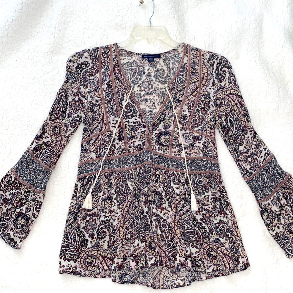 American Eagle Bell Sleeve Paisley Blouse - SMALL